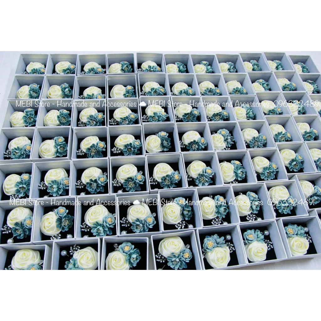 Hoa cài áo MEBI handmade mẫu hồng trắng mix xanh tây siêu sang