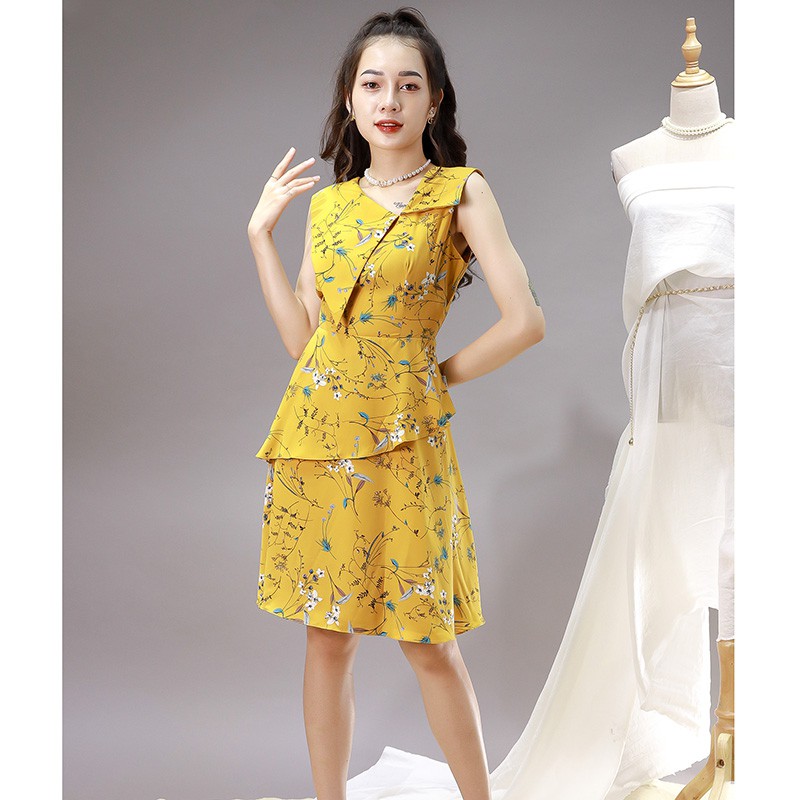 Đầm dáng xòe, bèo tầng, cổ ve lệch Emspo DS4030