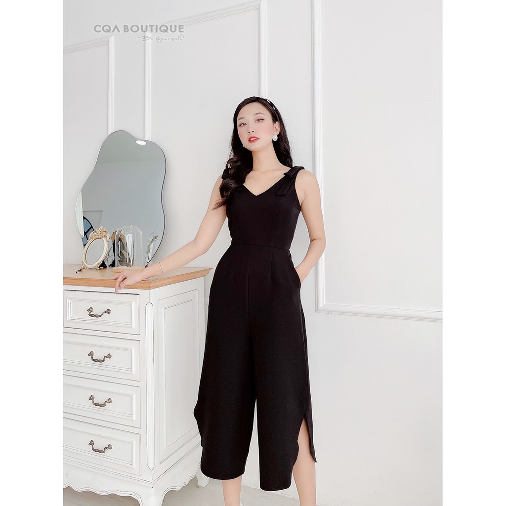 Jumsuit Ống Xuông Cổ V Dây Nơ Xẻ Tà CQA Boutique CQA0019 Màu Đen Xinh Xắn Chất Liệu Polyester Cao Cấp