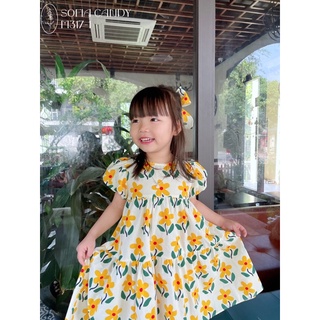 Váy Sofia Candy 3 tầng vải thô mềm tay bồng bé gái tặng kèm nơ buộc tóc