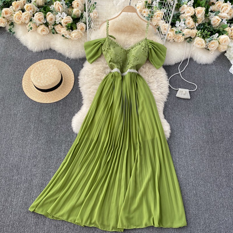 M153 - Váy dự tiệc maxi Ulzzang hai dây trễ vai phối ren ngọc xếp ly sang trọng (6 màu)