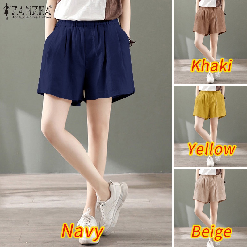 ZANZEA Quần ngắn ống rộng Lưng Thun Màu Trơn Thời Trang Cho Nữ