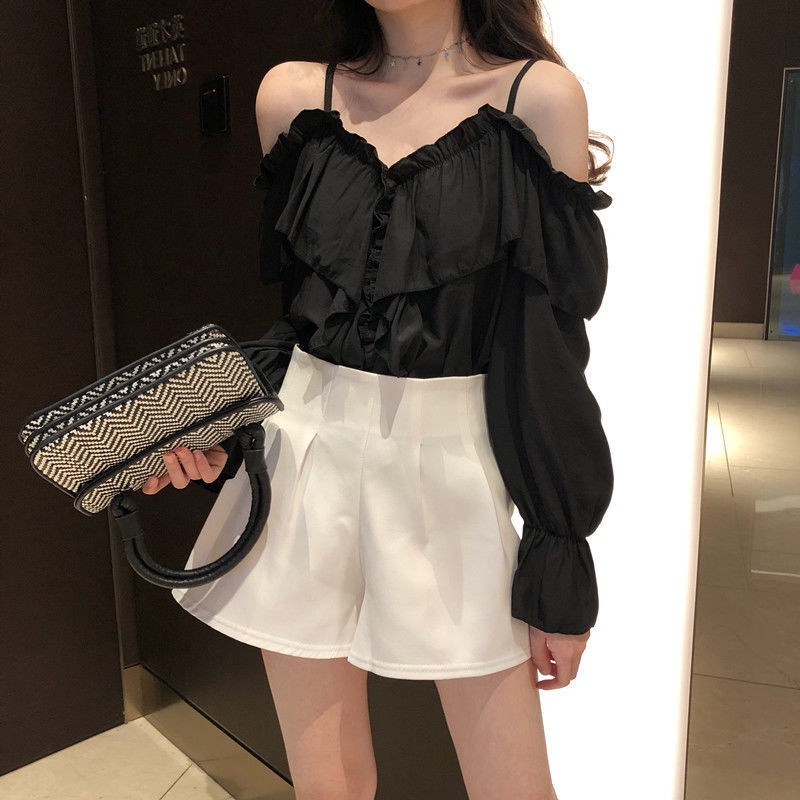 Áo kiểu chiffon tay dài phồng cổ chữ V phong cách Hàn Quốc cho nữ