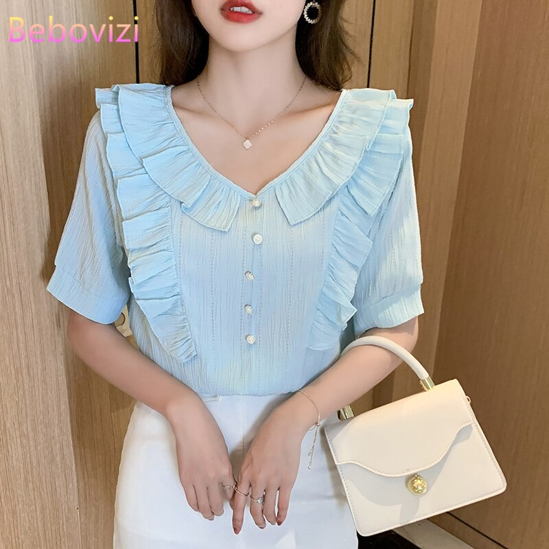 S-XXL Pink Blue White Korean Fashion Chiffon Ruffles  Ummer Casual Short Sleeve Blouse Tops for Women Office Lady Work Clothes