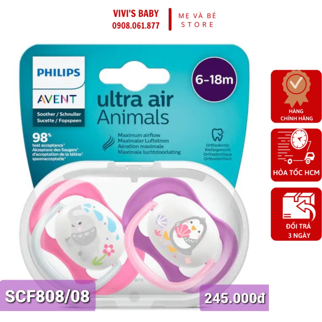 Ti giả AVENT/Ty ngậm AVENT Ultra Air Thông Khí Có Chỉnh Nha 6 - 18M Hồng/Tím - 1 Đổi 1 Nếu Lỗi NSX