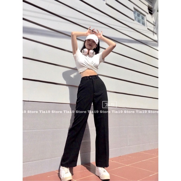 Quần ống suông ulzzang 96cm. Quần culottes ống rộng đen hack dáng ( ẢNH THẬT)