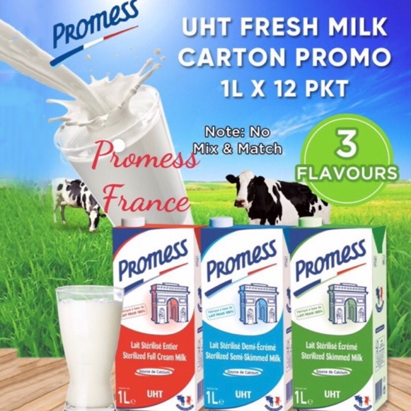 HỎA TỐC-Thùng 6 Hộp Loại 1 Lít Sữa Nguyên Kem - Ít Béo - Tách Béo PROMESS Nhập Khẩu Pháp.