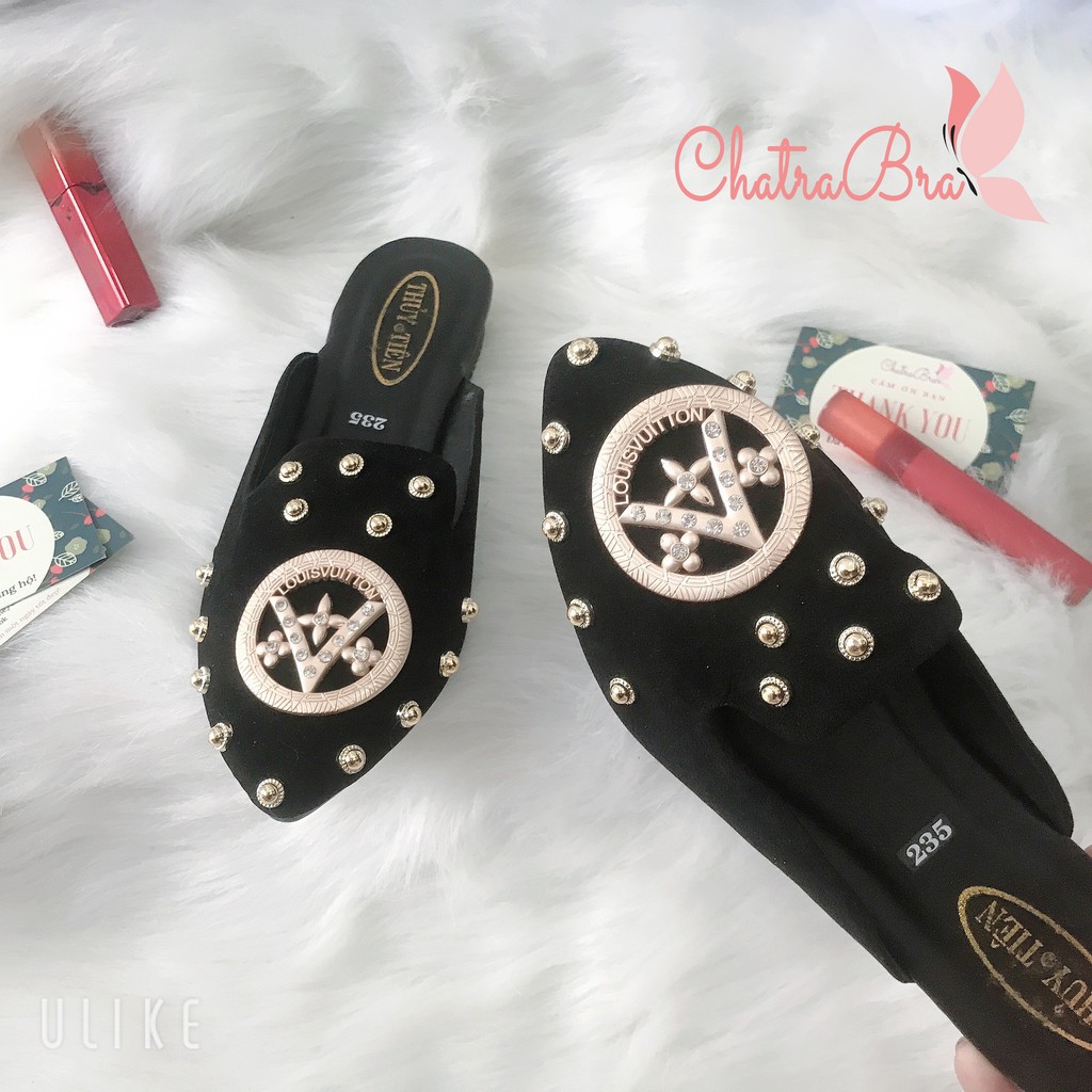 Dép sục nhung khóa tròn đính hạt sang trọng