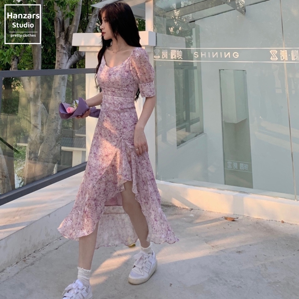 Váy Hoa Nhí Màu Tím Tay Phồng Dáng Chữ A Style Ulzzang Có Khóa Lưng Hai Lớp Hanzars.studio 3