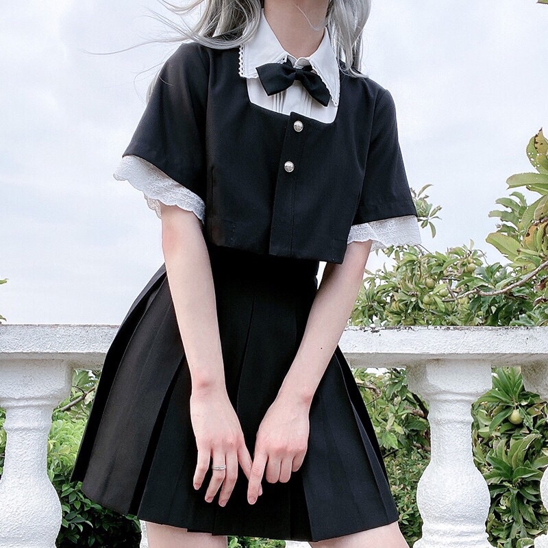 YAS0050-Set Jk nhật Maria sơ mi viền ren áo vest ngắn