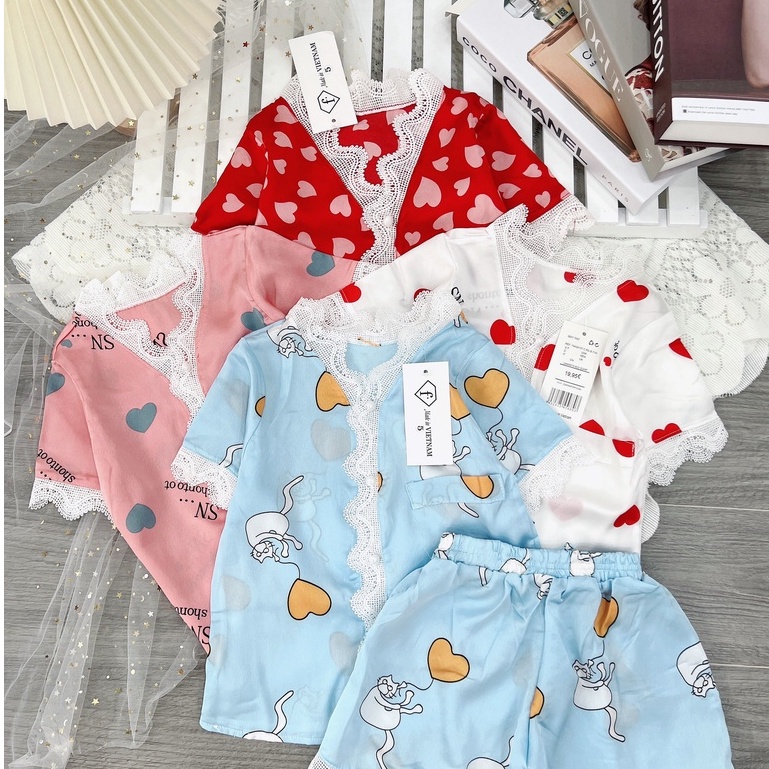 Bộ Đồ Ngủ Pijama Cho Bé Gái Cộc Tay Lụa Satin Hình Tim Phối Viền Ren - Babi mama BN22