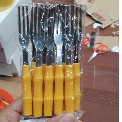 Sét 10 dĩa inox xiên hoa quả thực ăn cán nhựa hình cây trúc dài 12,5cm tiện dụng