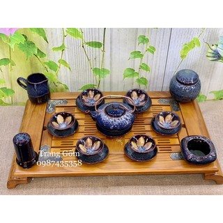Ấm chén men hoả biến quai đồng chén nón hoa nở gốm Bát Tràng