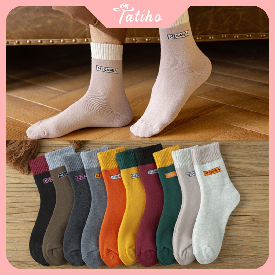 Tất Vớ Unisex Nam Nữ Cổ Cao Chất Cotton Dày Dặn Họa Tiết Trơn Phối Chữ Ở Cổ Năng Động Phong Cách Hàn Quốc - Mã TV035