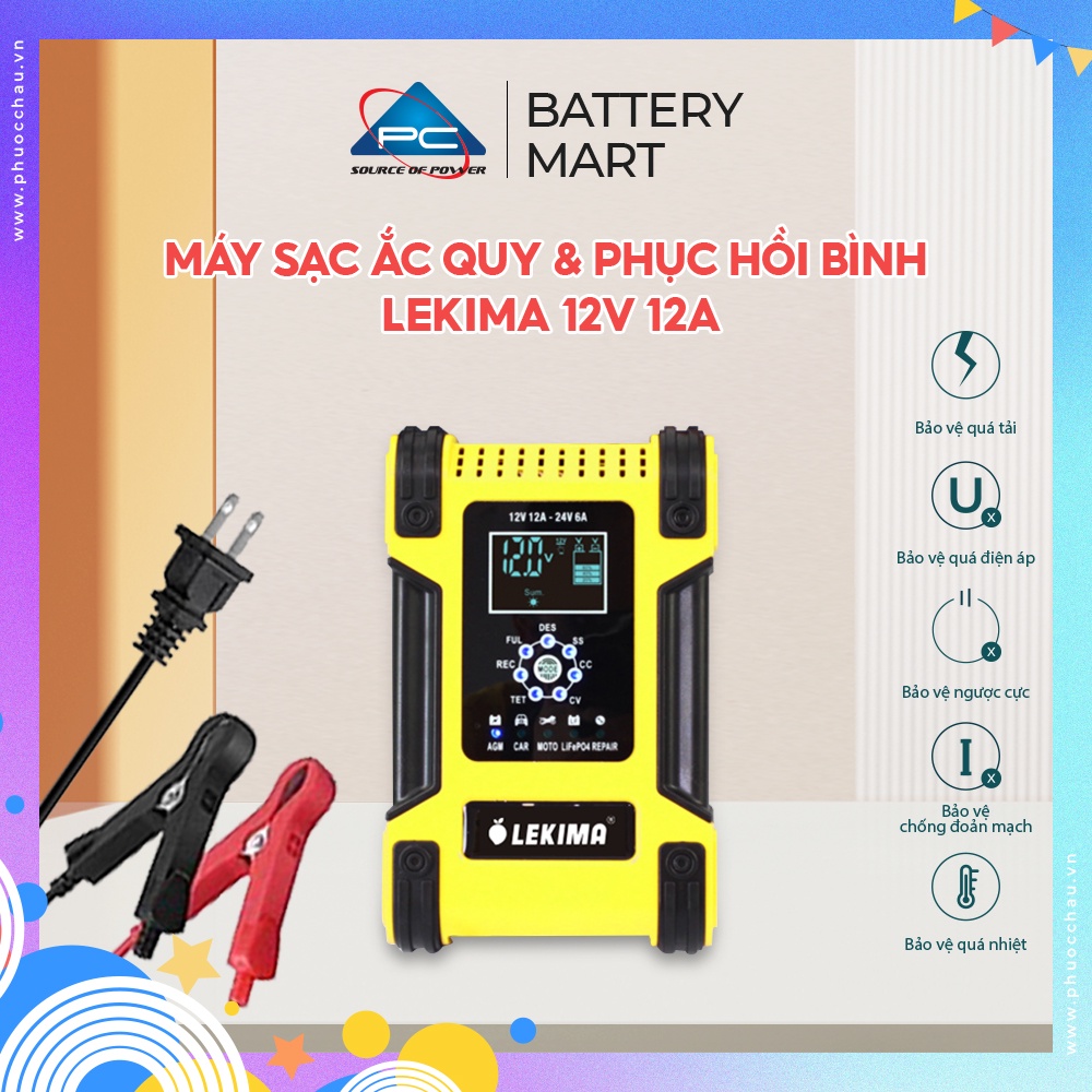 Máy Sạc Bình Ắc Quy LEKIMA 12V 12A - 24V 6A, Sạc Pin Lithium, Khử Sunfat, Sạc Ắc Quy Thông Minh Tự Ngắt Khi Đầy, MẪU MỚI