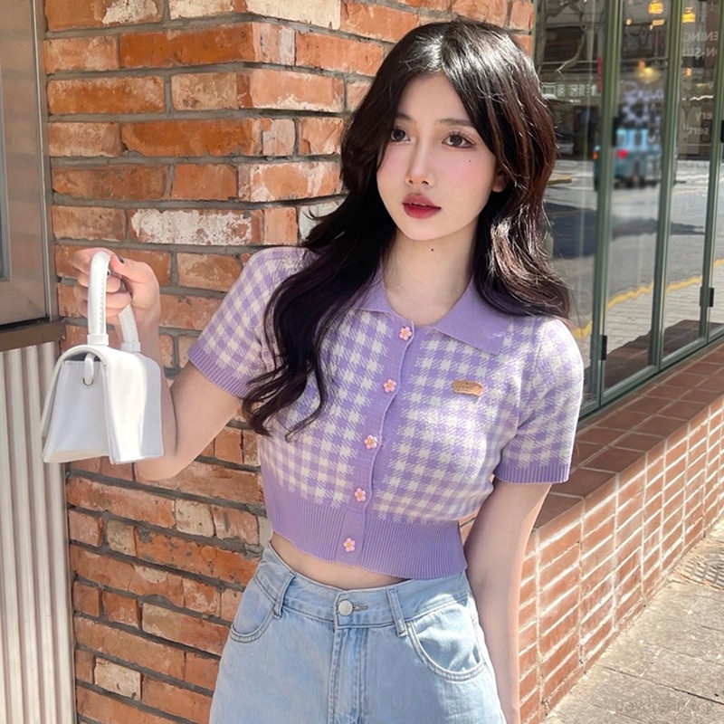 Áo Phông Áo Croptop Áo Thun Dệt Kim Tay Ngắn Thiết Kế Ngọt Ngào Cho Nữ