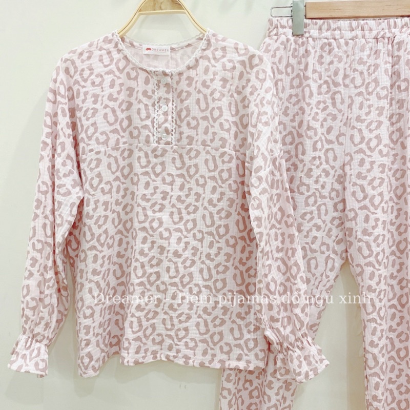 Bộ mặc nhà dài tay cổ tròn xô muslin cao cấp