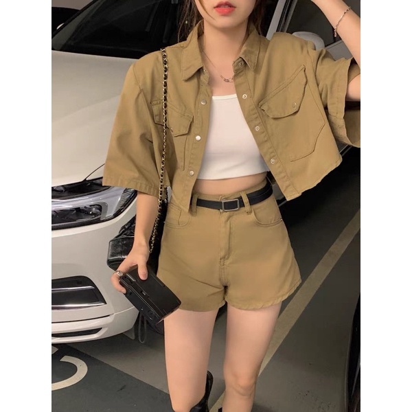 Set Kaki 3 Món Quảng Châu, Áo crotop mix quần short Kaki kèm áo 2 dây (loại 1)