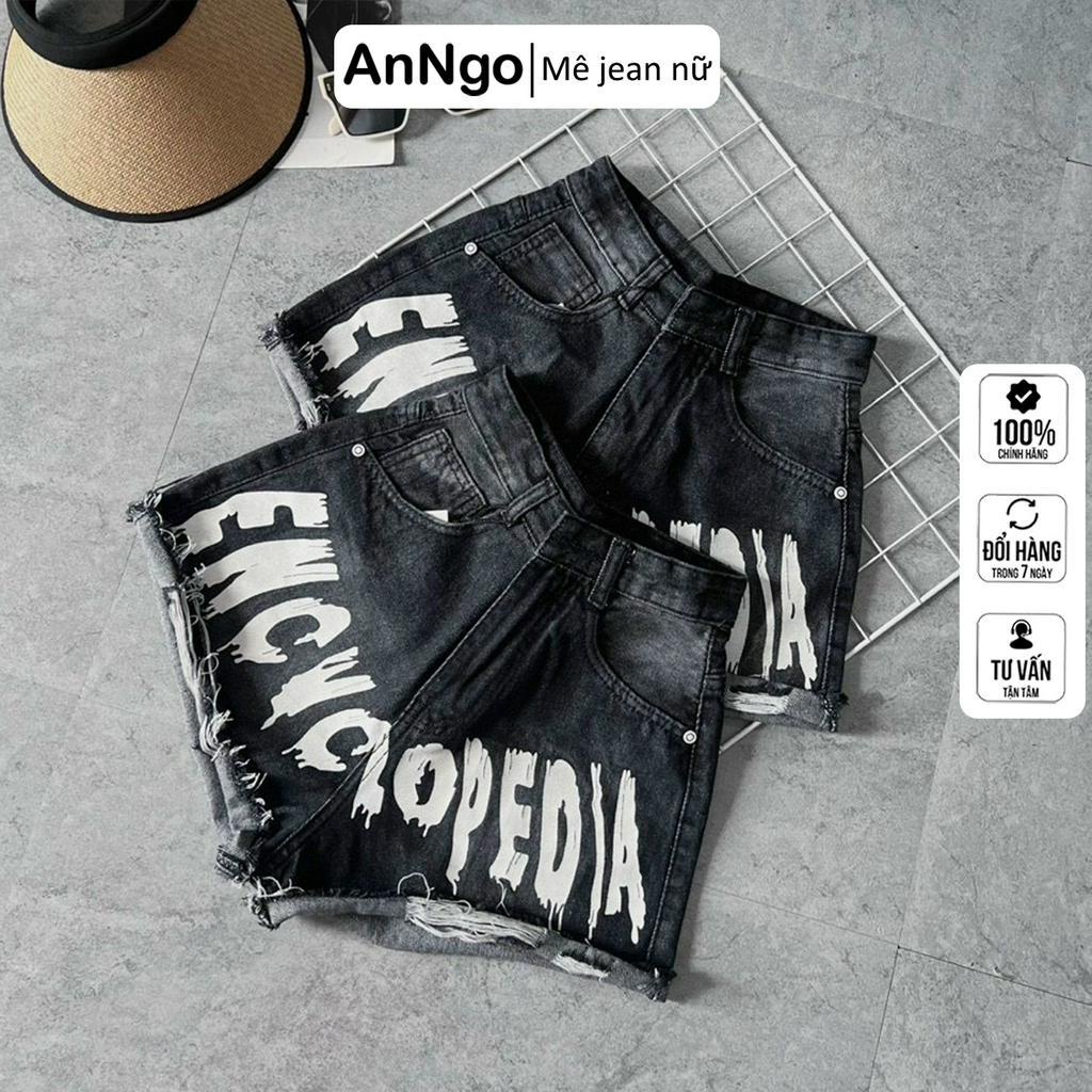 Quần short nữ demin lưng cao chữ trang trí cách điệu hiện đại Anngo - AT295