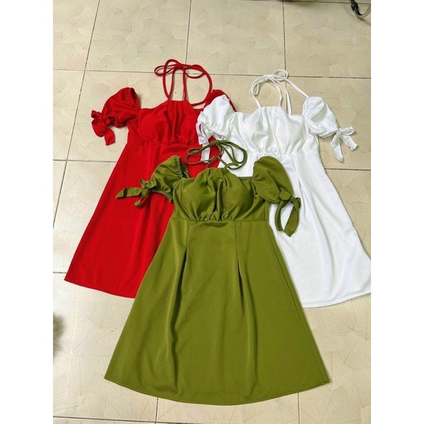 Đầm umi cổ yếm cột dây đính nơ xinh ở tay xoè nhẹ có mút ngực