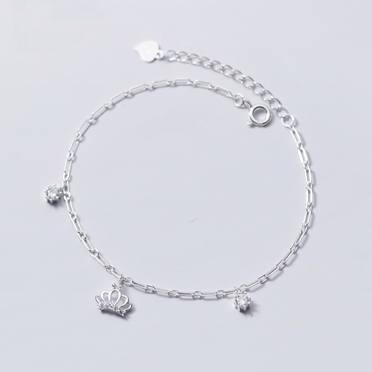 Lắc chân vòng chân nữ bạc s925 charm vương miện và 2 viên pha lê Cá jewelry LC5