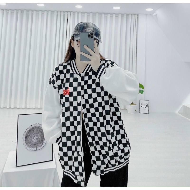Áo khoác bomber Hình Caro kẻ sọc Unisex, kiểu áo khoát oversize form rộng nam, nữ chất vải dày dặn