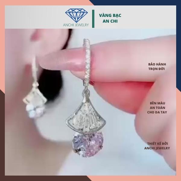 Bông tai công chúa đá tròn, khuyên tai hình quạt - bạc ta sáng đẹp không đen xỉn - An chi Jewelry