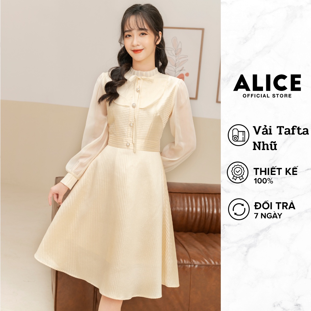 Váy Dự Tiệc Sang Chảnh ALICE Thiết Kế Dài Tay Tiểu Thư Eo Dập Ly Phối Tơ Lụa V739 | BigBuy360 - bigbuy360.vn