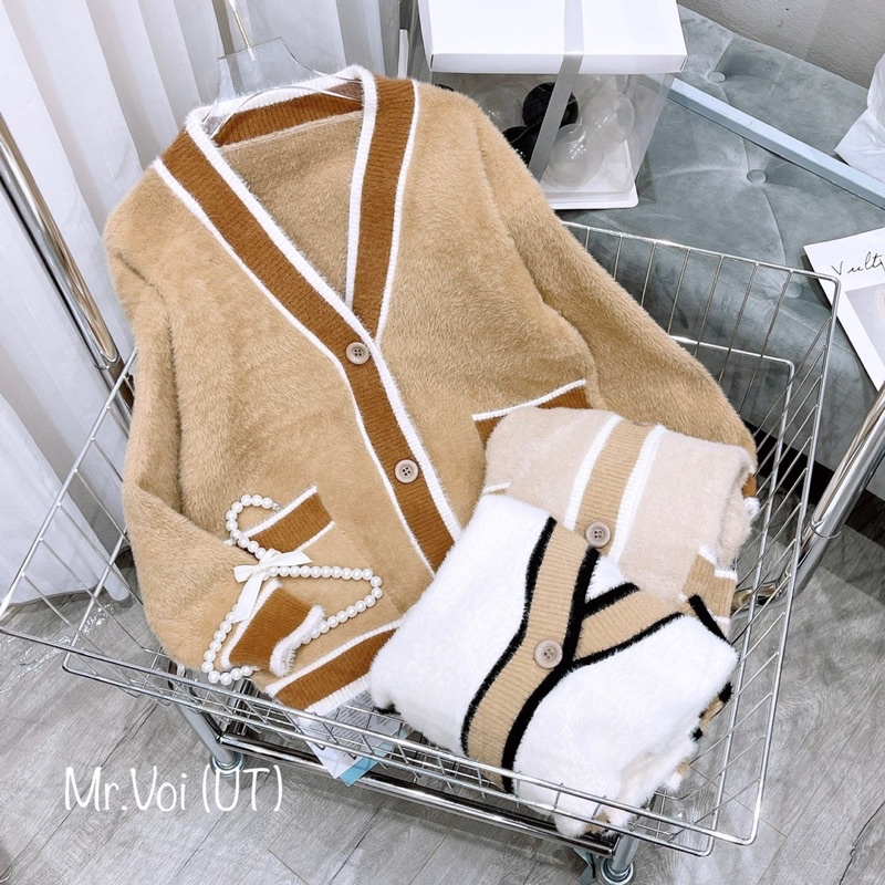 Áo cadigan len lông thỏ viền