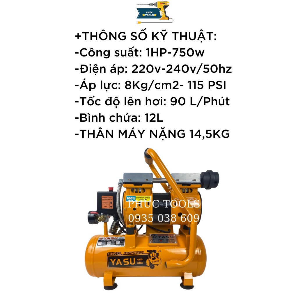 Máy Nén khí YASU 12L Ko Dầu dây đồng 100%
