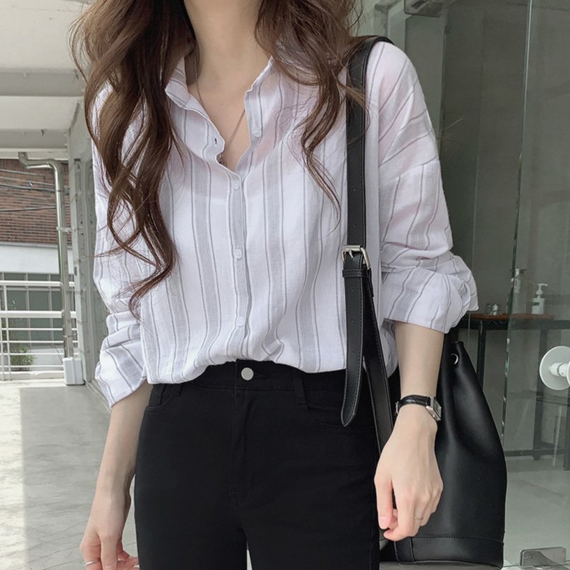 Áo Sơ Mi Chống Nắng Tay Dài Dáng Rộng Kẻ Sọc Phong Cách Hàn Quốc Đơn Giản 43146
