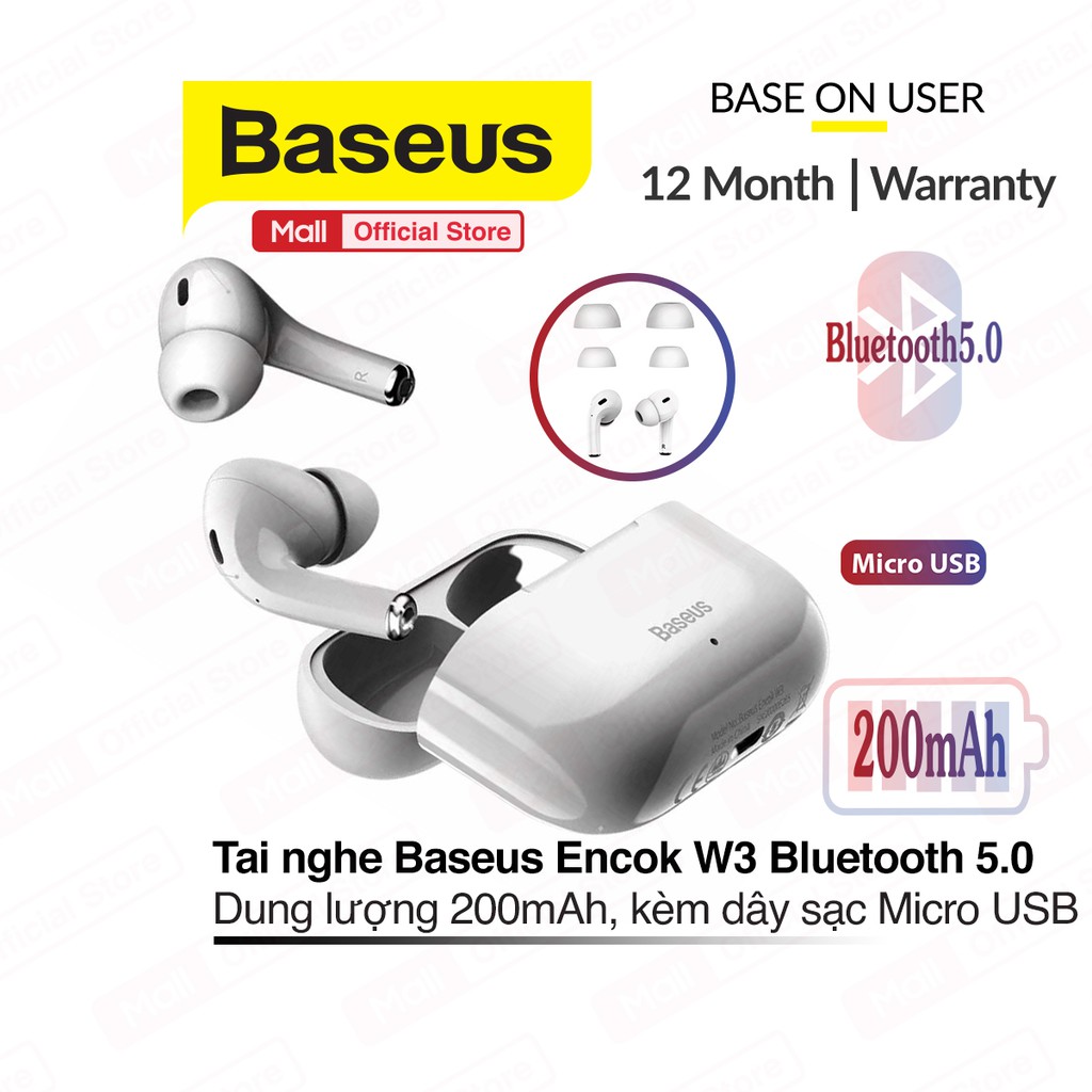 Tai Nghe Bluetooth Baseus Encok W3, Bluetooth 5.0, dock trữ pin 200mAh, cổng sạc Micro USB, kiểu dáng hợp thời trang