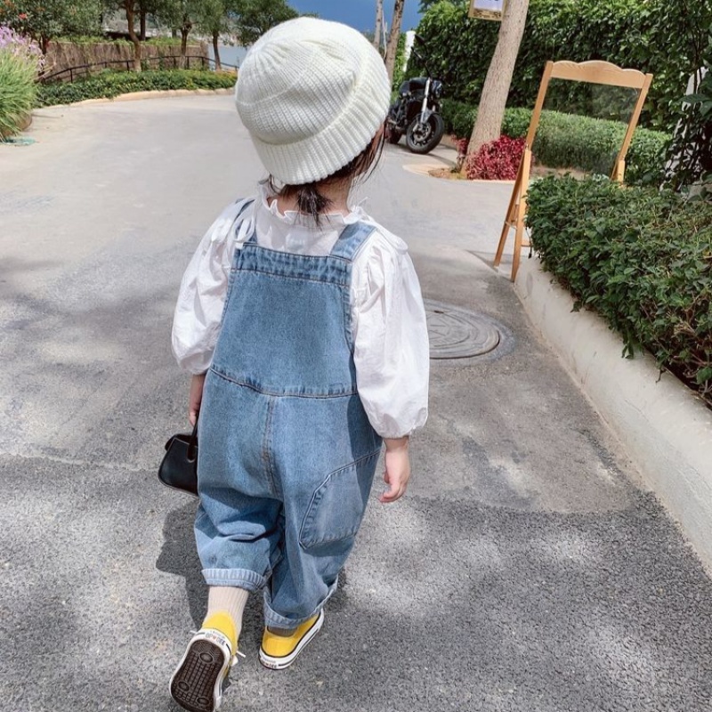 MNGRL Quần Yếm Jean Ống Rộng Thun Dài Mềm Mát Thoải Mái Cho Bé Gái