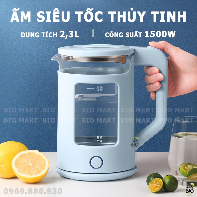 Ấm Siêu Tốc Thủy Tinh Giữ Nhiệt - Ấm Đun Nước Bình Đun Nước Siêu Tốc Cách Nhiệt Kép 2,3L 1500W - BIO205