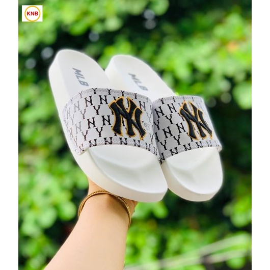 Dép 𝐌𝐋𝐁 UNISEX mẫu dép thể thao ❤️ Freeship + Hộp ❤️ Dép NY bóng chày quai ngang nam nữ chữ thêu nỗi kèm mác trắng đen