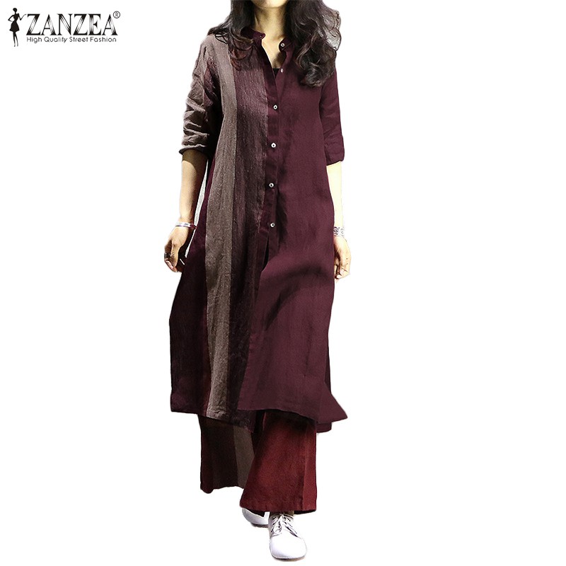 Áo Nữ ZANZEA Tay Dài Phối Màu Thời Trang Vintage