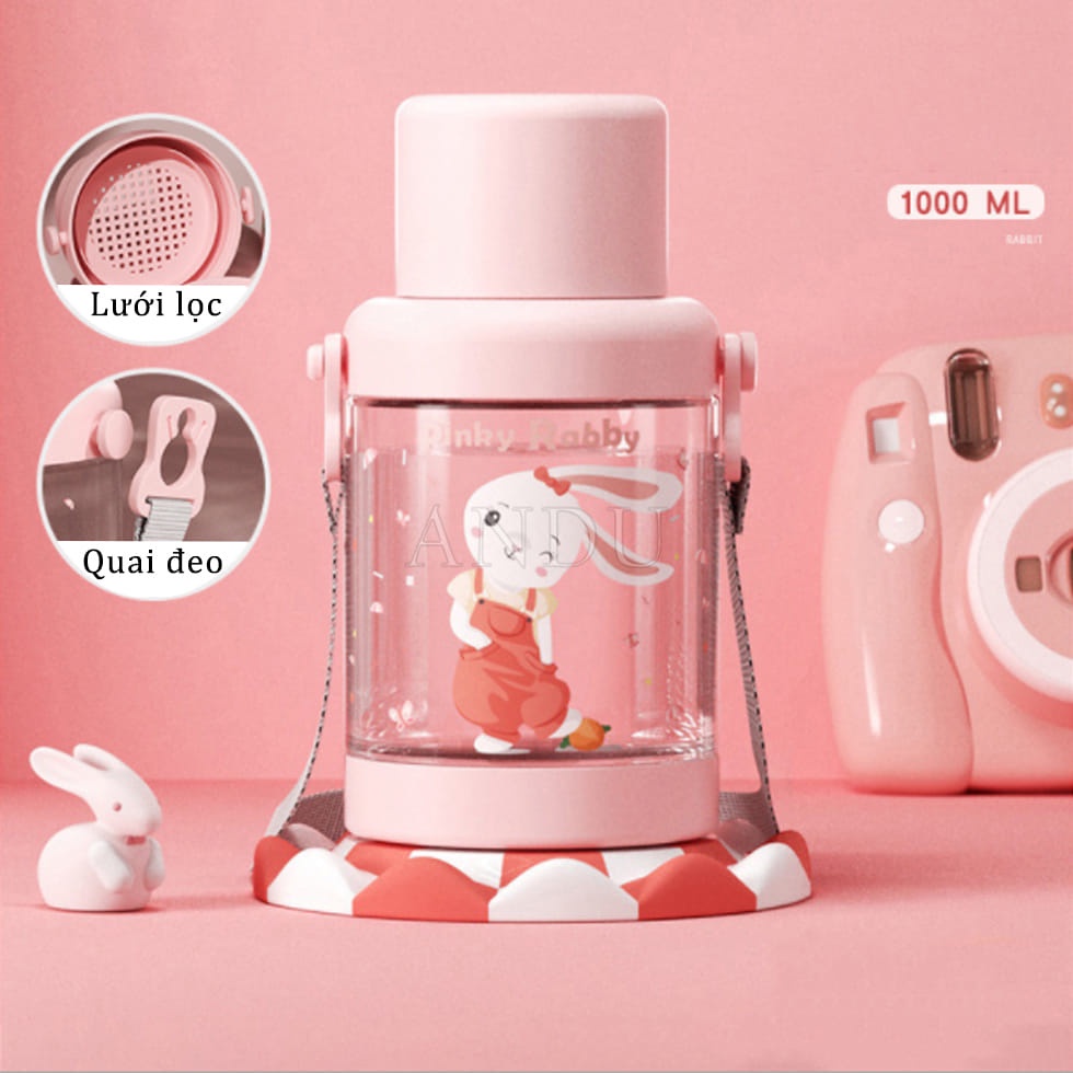 Bình Nước 1000ml Có Ống Hút, Bình Uống Nước Có Quai Sách Mang Đi Tiện Dụng