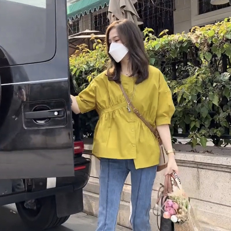 Áo sơ mi nữ áo kiểu nữ thiết kế cách điệu nhún chun eo form rộng rãi thoải mái chất liệu mềm mịn PANOSI - A213