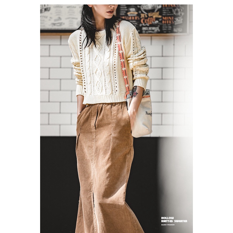 Thương Hiệu MADEN Áo sweater Dệt Kim Ngắn Cổ Tròn Xoắn Tròn Rỗng Màu Be retro Nhật Bản Cho Nữ