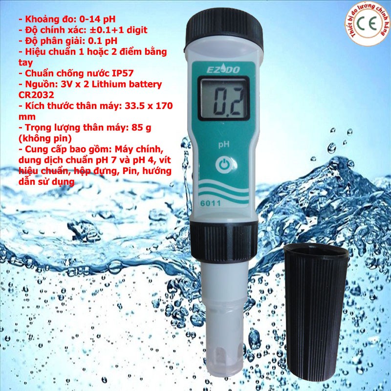 Bút đo PH nước Gondo Ezdo PH 6011 kèm dung dịch hiệu chuẩn, chính xác, dải đo rộng