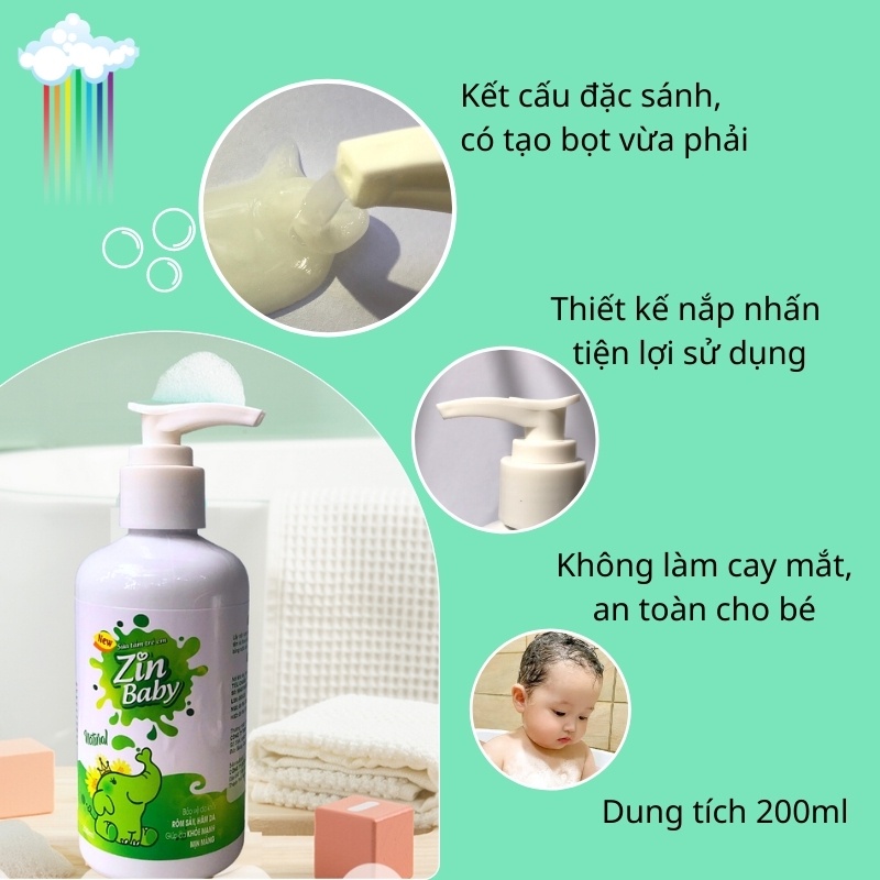 Sữa tắm cho bé chống rôm sảy mụn nhọt hăm ngứa thảo dược sơ sinh an toàn hiệu quả bé trai bé gái 2in1 Zin Baby