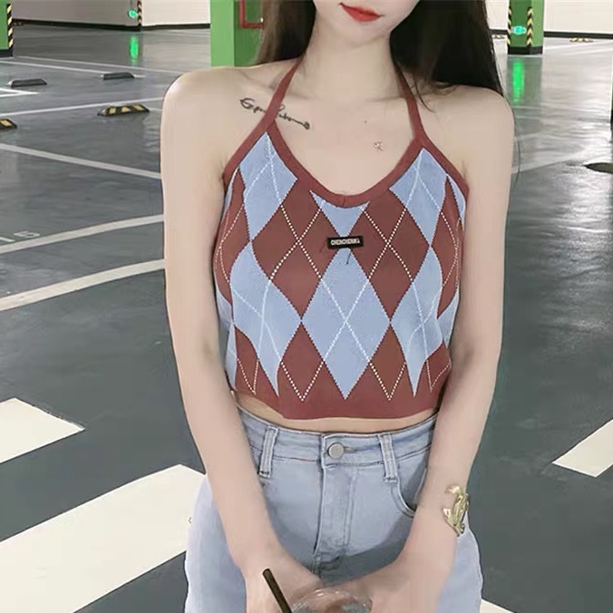 Áo yếm croptop dệt kim caro nữ - Áo ba lỗ len kiểu buộc dây cô tim dáng ngắn hàng đẹp thiết kế Quảng Châu cao cấp