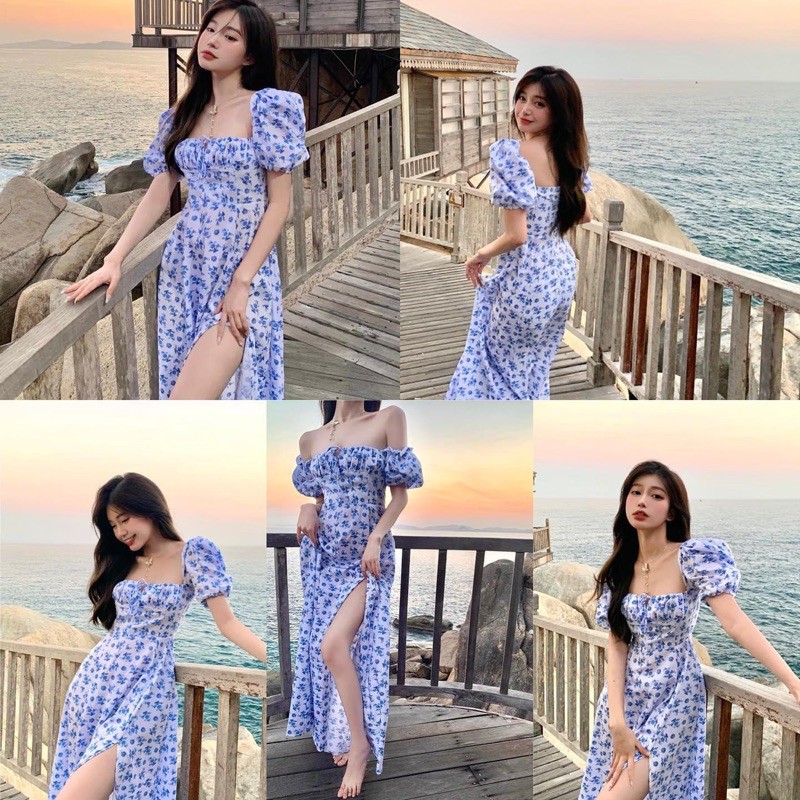 Đầm maxi xẻ hoa xanh dài đi biển | BigBuy360 - bigbuy360.vn
