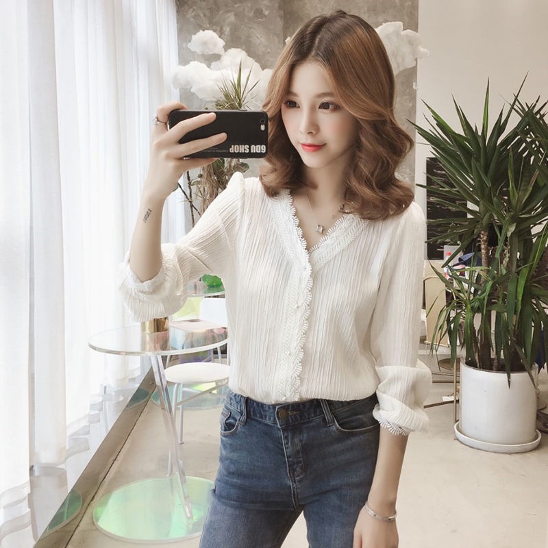 Áo Sơ Mi Chiffon Tay Dài Cổ Chữ V Phong Cách Hàn Quốc Thời Trang Xuân Hè Hàng Mới 2021 Dành Cho Bạn Nữ