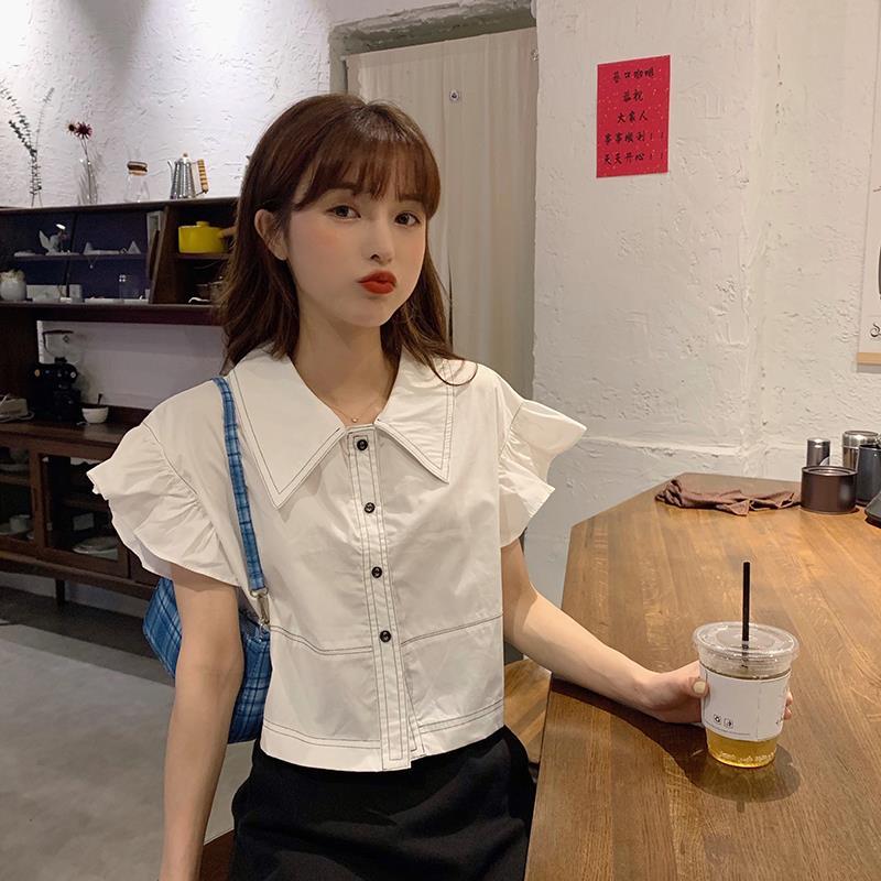 Anna's Summer 2021 new Korean version of the design sense niche lotus leaf side POLO collar short solid color short-sleeved shirt top girl