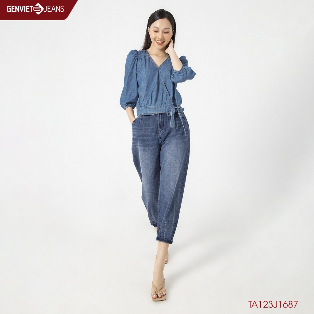 Áo Sơ Mi Jeans Tay Lửng Nữ Genviet Dây Rút Thắt Eo Vai Bồng Chất Mềm Mát Cao Cấp TA123J1687