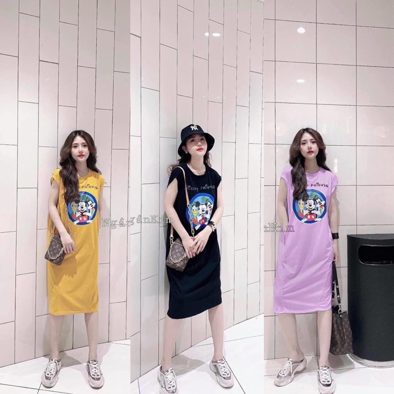 Váy Suông Cotton In Hình Mickey Có Túi 3 Màu Đen/Tím/Vàng