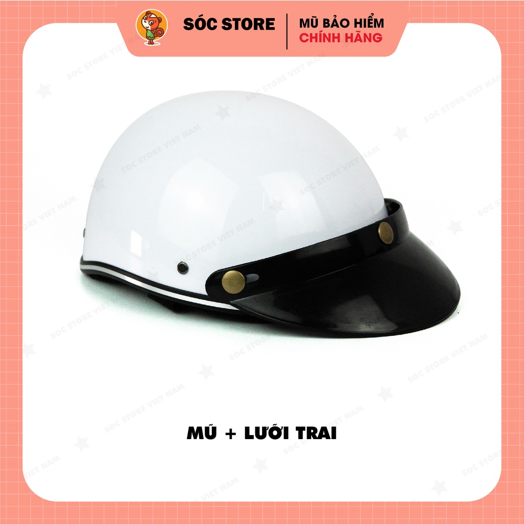 Mũ bảo hiểm nửa đầu chính hãng Sóc Store Vietnam màu trắng kèm kính UV, kính phi công, nón bảo hiểm 1 phần 2 freesize