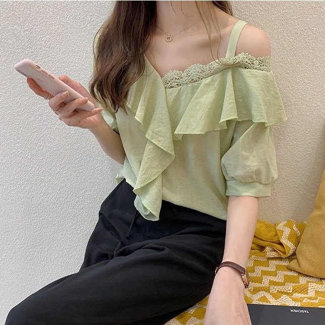 Áo trễ vai 2 dây nữ, Áo kiểu nhún bèo phối ren tay lỡ phong cách nữ bánh bèo ALE54