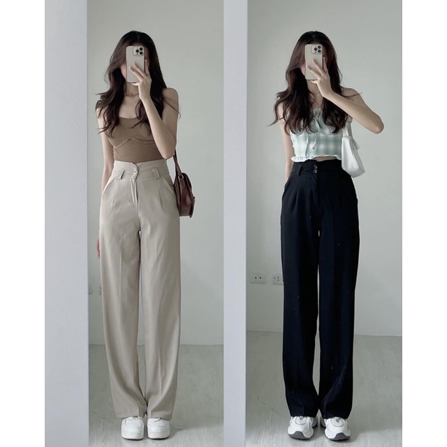 [Hàng Quảng Châu]Quần ống rộng”0565” loại 1 thiết kế 2 cúc đỉa to hàng Quảng Cháu Quần ống rộng chất mướt Hàn Quốc